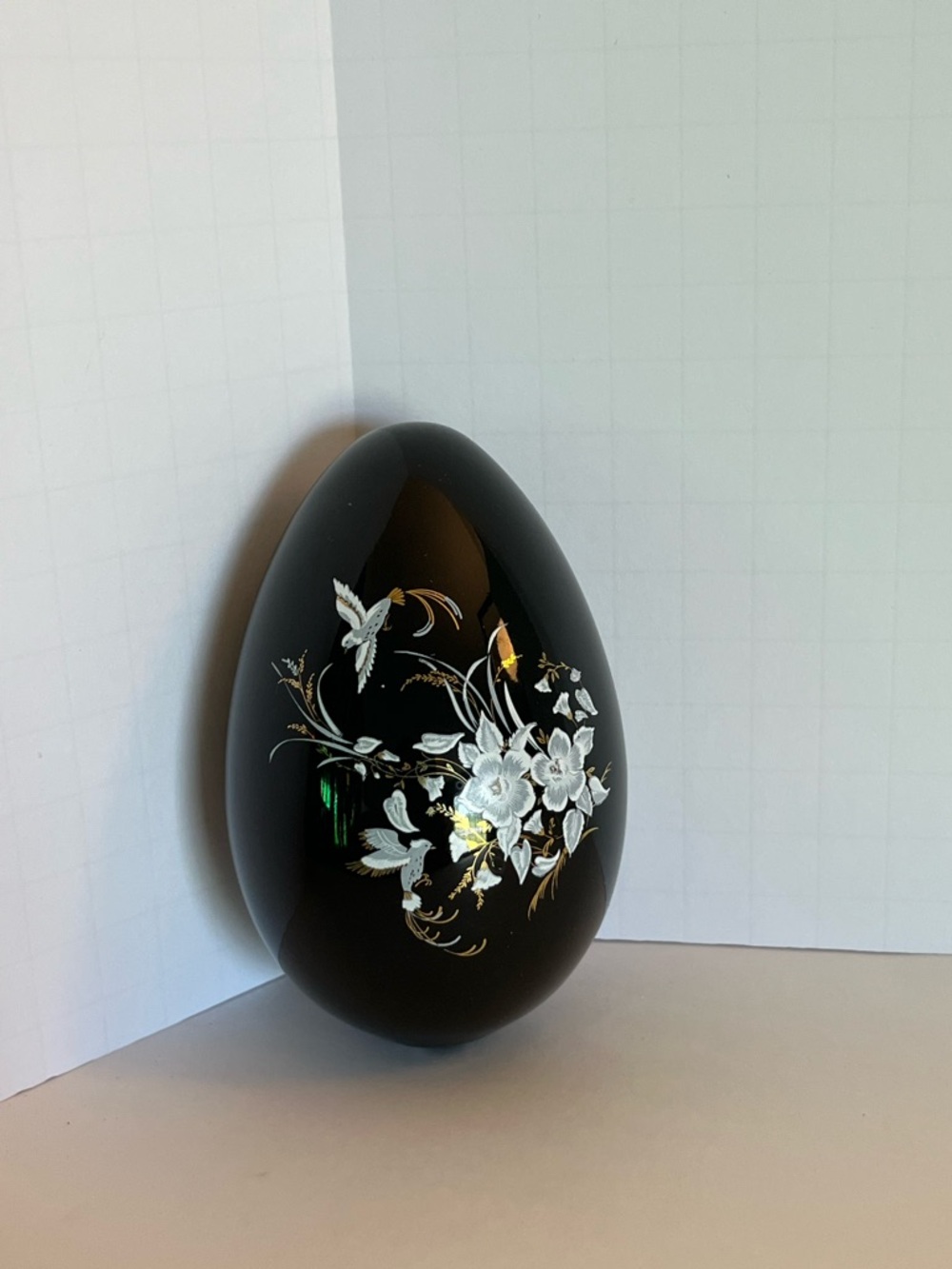 Black Egg Hand Painted with Birds & Flowers, Looks like Fenton. Glass/Porcelain?
